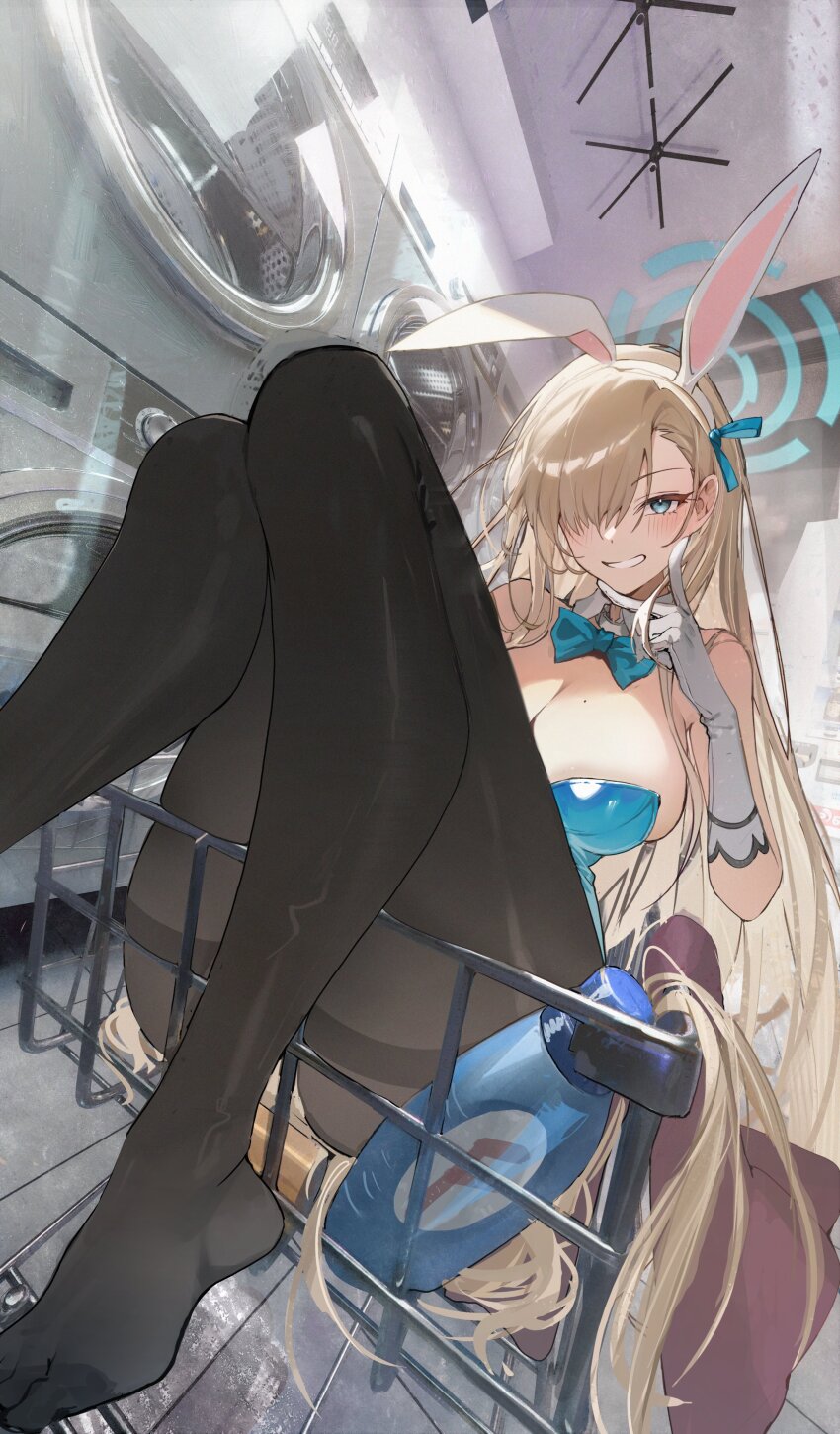 1girl absurdres animal_ear_hairband animal_ears asuna_(blue_archive) asuna_(bunny)_(blue_archive) b_soyo1 black_pantyhose blonde_hair blue_archive blue_bow blue_bowtie blue_eyes blue_leotard blush bow bowtie detached_collar elbow_gloves fake_animal_ears gloves grin hair_over_one_eye hairband highres in_shopping_cart leotard long_hair looking_at_viewer no_shoes pantyhose playboy_bunny rabbit_ear_hairband rabbit_ears shopping_cart sidelocks smile strapless strapless_leotard washing_machine white_gloves white_hairband