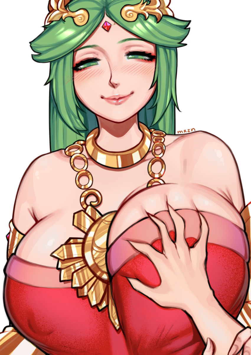 1boy 1girl alternate_color armpit_crease artist_name blush breasts closed_mouth collarbone commentary covered_erect_nipples deep_skin dress english_commentary eyelashes forehead_jewel gem grabbing_another&#039;s_breast green_eyes green_hair groping guided_breast_grab guiding_hand hetero highres huge_breasts jewelry kid_icarus kid_icarus_uprising laurel_crown lips long_hair looking_at_viewer mariezone nintendo palutena pov pov_hands puckered_lips puffy_nipples red_dress shiny_skin sidelocks simple_background solo_focus strapless strapless_dress upper_body white_background