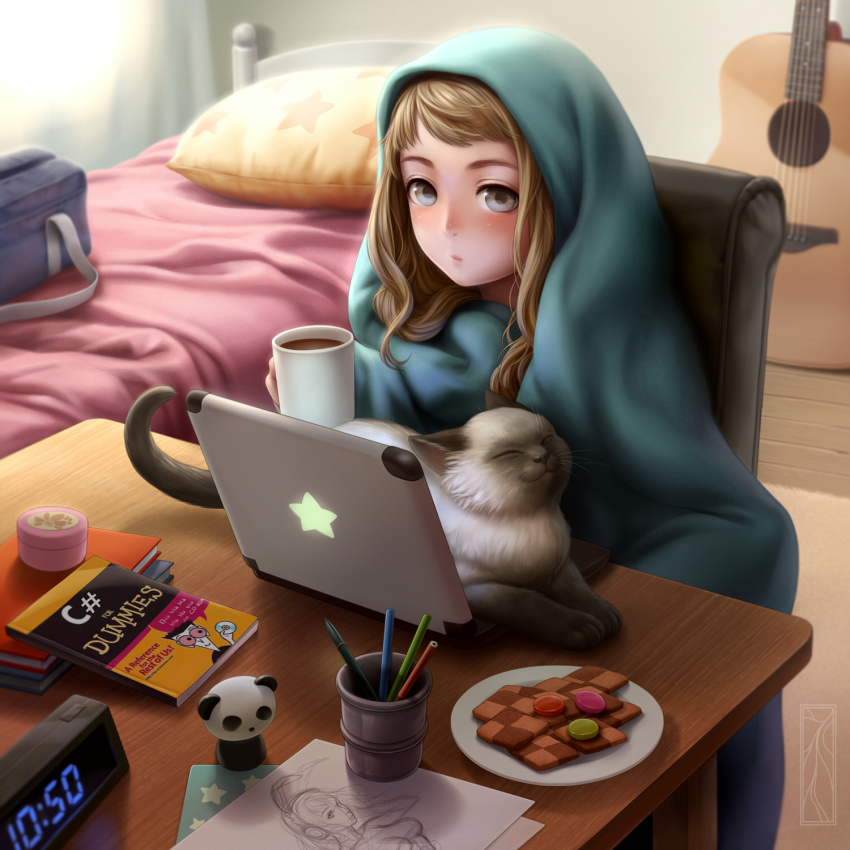 1girl acoustic_guitar bad_id bad_pixiv_id bed blah_blah_blah blanket blonde_hair blue_eyes blush book book_stack cat cd checkerboard_cookie clock coffee coffee_mug colored_sclera computer cookie cup digital_clock drawing female_focus food for_dummies guitar happy highres indoors instrument kotikomori laptop long_hair looking_at_viewer mug original panda paper pen pen_holder pencil pillow red_sclera siamese_cat snack solo spiked_hair