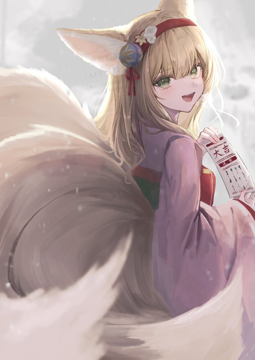 1girl :d animal_ears arknights blonde_hair commentary fox_ears fox_girl fox_tail from_behind green_eyes hairband highres holding_omikuji japanese_clothes kimono kisyaku3 kitsune kyuubi long_hair looking_at_viewer multiple_tails omikuji open_mouth pink_kimono red_hairband smile solo suzuran_(arknights) suzuran_(yukibare)_(arknights) tail watermark