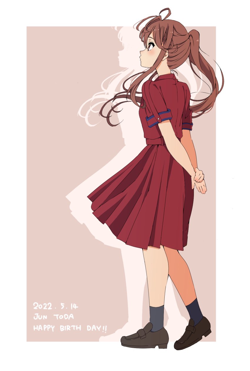 1girl 22/7 arms_behind_back belt black_socks blush border brown_background brown_hair brown_shoes character_name closed_mouth dated dress floating_hair from_side full_body happy_birthday high_side_ponytail highres loafers long_hair looking_ahead nani_mo_shiteagerarenai pleated_dress red_belt red_dress shoes short_sleeves sidelocks socks solo tanpaku_(oqu_2) toda_jun white_border