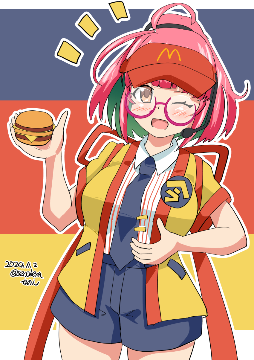 1girl ;d artist_name back_bow blush bow breasts brown_eyes burger collared_shirt colored_inner_hair cosplay cowboy_shot dated food glasses green_hair grey_background grey_necktie grey_shorts hands_up hat headset high_ponytail highres holding holding_burger holding_food imadake_dabuchi_tabemi imadake_dabuchi_tabemi_(cosplay) jacket kantai_collection large_bow large_breasts mcdonald&#039;s medium_hair microphone multicolored_hair necktie notice_lines one_eye_closed open_mouth outline pink-framed_eyewear pink_hair ponytail red_background red_bow red_hat round_eyewear semi-rimless_eyewear senon shirt shorts smile solo striped_clothes striped_shirt ume_(kancolle) under-rim_eyewear vertical-striped_clothes vertical-striped_shirt visor_cap white_outline white_shirt yellow_background yellow_jacket