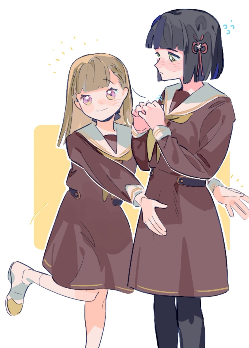 2girls arms_around_waist black_hair black_pantyhose blunt_bangs blunt_ends blush bob_cut border braid brown_dress brown_hair center-flap_bangs closed_mouth commentary dress english_commentary feet_out_of_frame flower flower_knot flying_sweatdrops foot_out_of_frame green_eyes hair_flower hair_ornament hasu_no_sora_school_uniform highres kachimachi_kosuzu leg_up link!_like!_love_live! long_hair long_sleeves looking_at_another love_live! medium_dress momose_ginko multiple_girls neckerchief nose_blush outside_border pantyhose pipi_(m1x_mix) pleated_dress sailor_collar sailor_dress school_uniform shoes short_hair side_braids simple_background smile split_mouth standing uwabaki virtual_youtuber white_border white_flower white_sailor_collar winter_uniform yellow_background yellow_neckerchief yellow_shoes