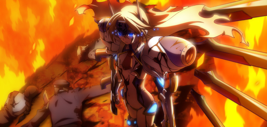 1girl blazblue blazblue:_chronophantasma blonde_hair blood fire mecha_musume mu-12 navel official_art tagme tears