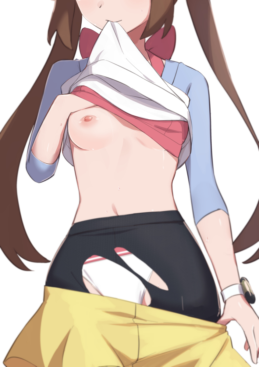 1girl biting biting_clothes black_pantyhose blue_shirt bow bra bra_lift breasts brown_hair clothes_lift commentary_request covering_one_breast covering_privates facing_viewer female_focus head_out_of_frame highres midriff morisobo multiple_tails nintendo nipples one_breast_out panties panties_under_pantyhose pantyhose pantyhose_under_shorts pink_bra pokemon pokemon_bw2 rosa_(pokemon) shirt shirt_lift shorts simple_background solo tail torn_clothes two-tone_shirt two_tails underwear watch white_panties white_shirt yellow_shorts