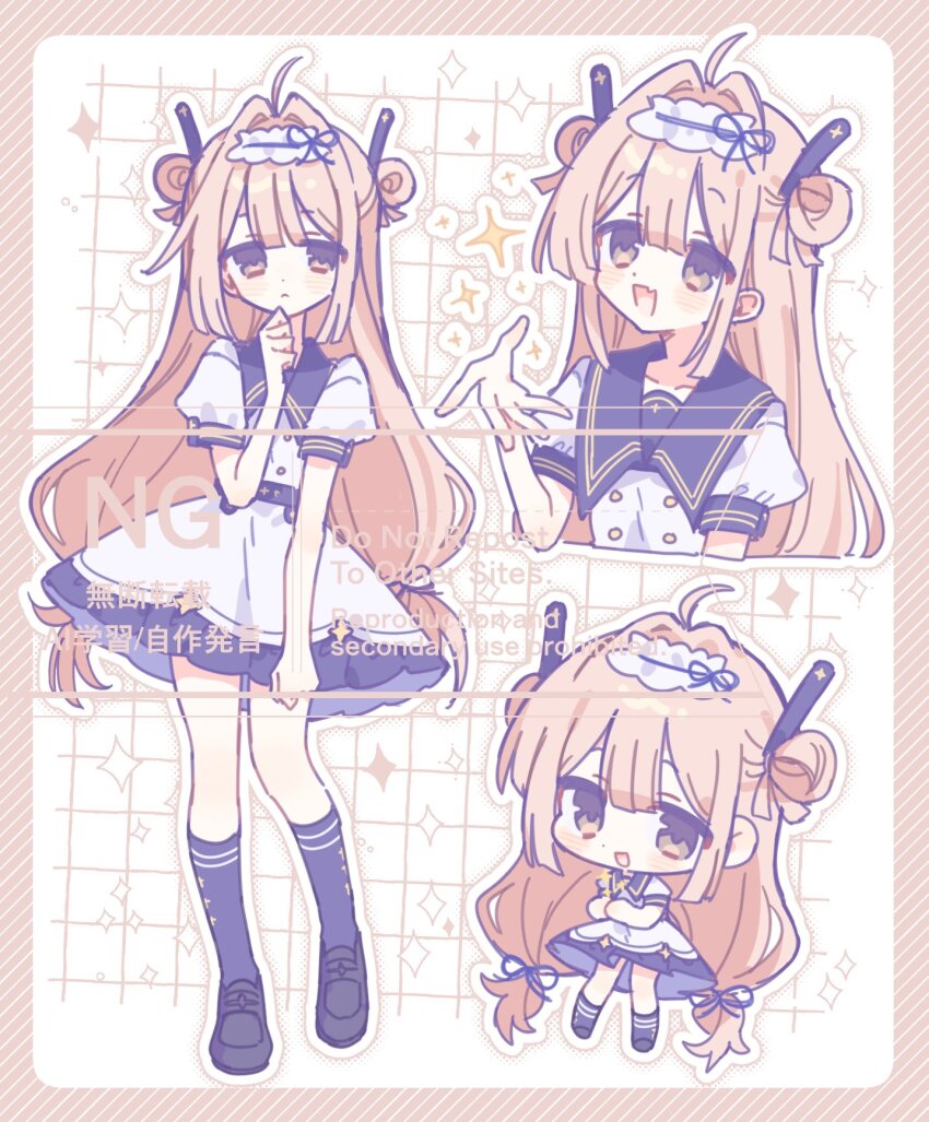 1girl ayase_(user_ytjw3843) belt black_socks blush bubble_skirt chibi collared_dress double-parted_bangs dress full_body hair_between_eyes hair_intakes headband highres layered_skirt loafers long_hair multiple_girls orange_hair original puffy_short_sleeves puffy_sleeves sailor_collar shoes short_dress short_sleeves skirt smile socks solo striped_clothes striped_socks upper_body watermark