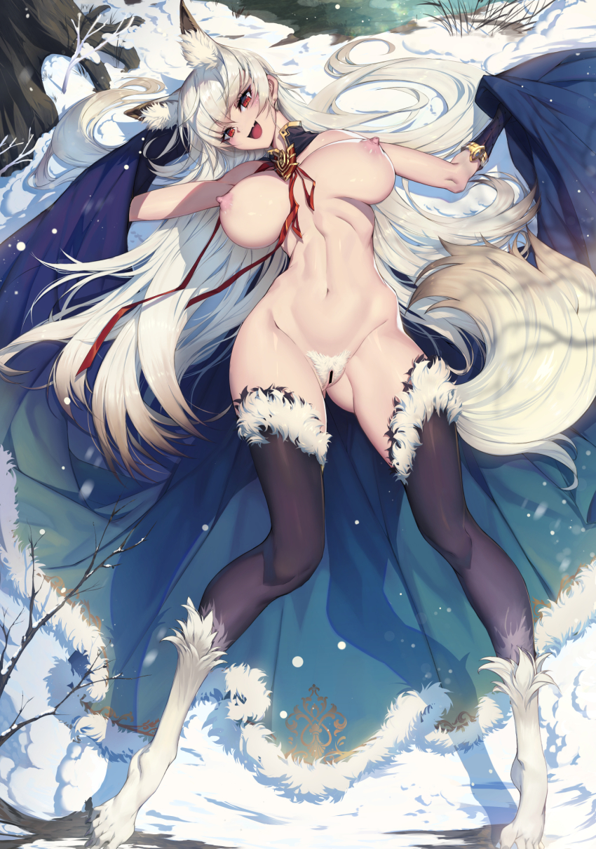 1girl animal_ear_fluff animal_ears animal_feet bare_shoulders breasts breasts_apart censored cleft_of_venus cloak commission detached_collar fang female_pubic_hair fox fox_ears fox_tail fur_trim grey_hair highres large_breasts linea_alba long_hair looking_at_viewer lying navel neck_ribbon nipples nude on_back open_mouth original outdoors pointless_censoring pubic_hair pussy red_eyes ribbon rodway skin_fang smile solo tail thighhighs very_long_hair white_hair wide_hips