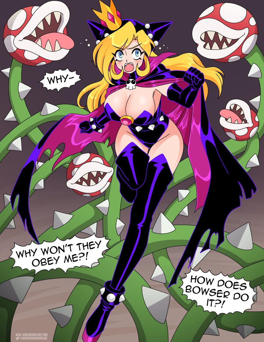 1girl absurdres aged_up animal_ears black_cape black_gloves black_hood black_leotard blonde_hair blue_eyes boots bracelet breasts brooch cape cleavage collared_cape crown elbow_gloves english_text fake_animal_ears fake_horns fangs flying_sweatdrops gem gloves glowing high_collar high_heel_boots high_heels highleg highleg_leotard highres hood hood_up horns jewelry knee_boots large_breasts leotard long_eyelashes long_hair mario_(series) mario_power_tennis mario_tennis mini_crown nico-neko nintendo panicking pink_cape pink_gemstone piranha_plant platform_boots platform_footwear power-up purple_cape purple_gloves purple_hood purple_leotard sharp_teeth skull_brooch sparkle spiked_belt spiked_bracelet spikes teeth thorns tongue tongue_out torn_cape torn_clothes turn_pale two-tone_cape warupeach