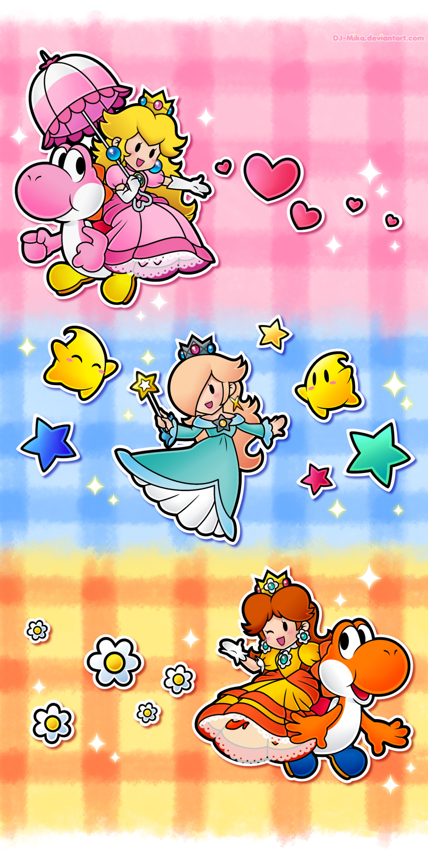 3girls absurdres black_eyes blonde_hair blue_dress blue_footwear boots brown_hair crown daisy_(flower) dj-mika dress earrings elbow_gloves flower gloves hair_over_one_eye heart highres holding holding_umbrella holding_wand jewelry long_dress long_hair luma_(mario) mario_(series) multiple_girls nintendo one_eye_closed orange_dress orange_yoshi paper_mario parasol pink_dress pink_yoshi princess_daisy princess_peach rosalina solid_oval_eyes sphere_earrings star_(symbol) umbrella wand watermark web_address white_gloves yellow_boots yoshi