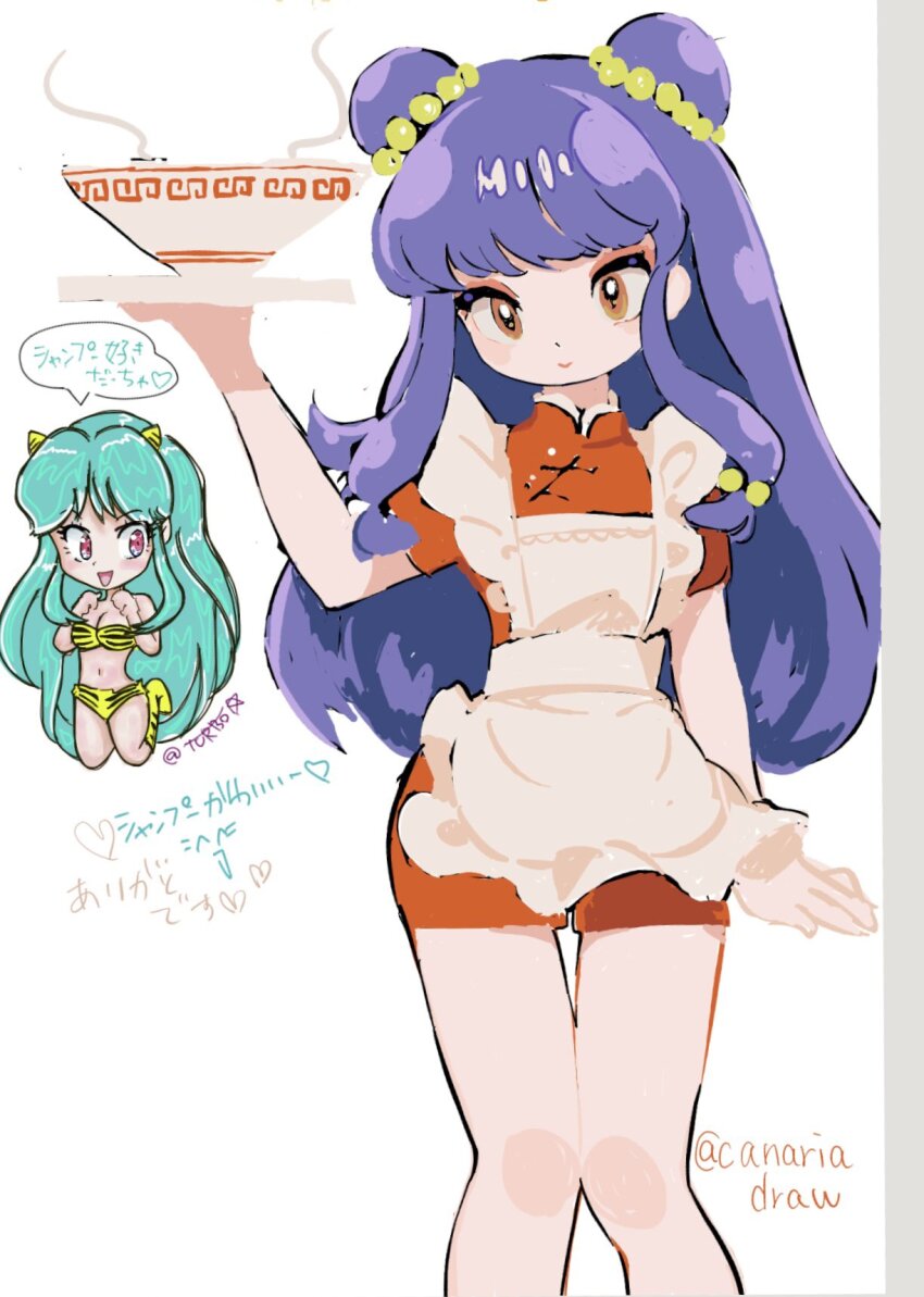 2girls double_bun female green_hair hair_bun highres long_hair lum multiple_girls purple_hair ranma_1/2 shampoo_(ranma_1/2) sideburns urusei_yatsura