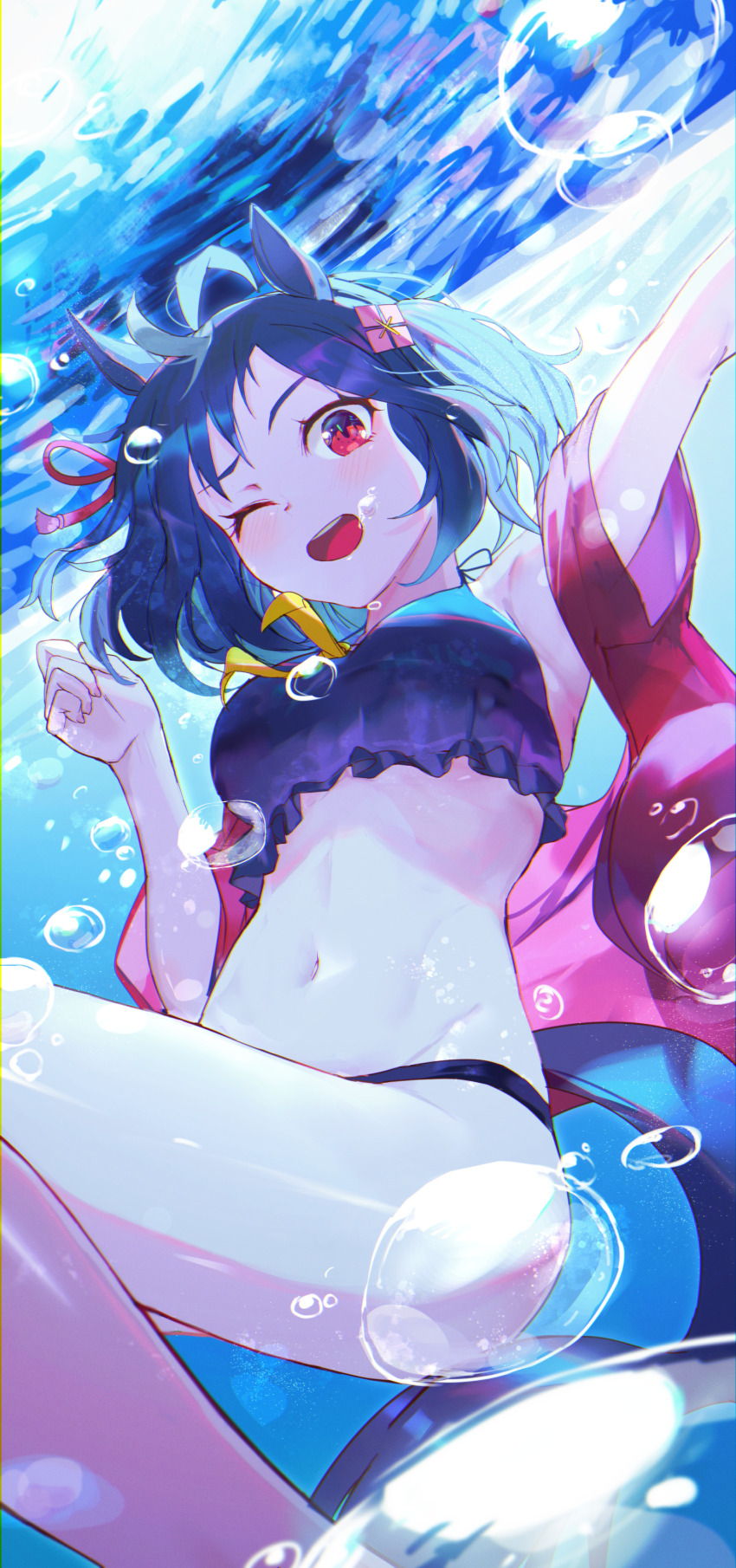1girl absurdres air_bubble animal_ears arm_up bikini black_bikini black_hair black_tail bubble commentary_request hair_ornament highres horse_ears horse_girl horse_tail kitasan_black_(umamusume) looking_at_viewer one_eye_closed open_mouth orr_(kkkkbbbbc) red_eyes short_hair solo swimsuit tail teeth thighs two_side_up umamusume underwater upper_teeth_only water white_hair white_streaks