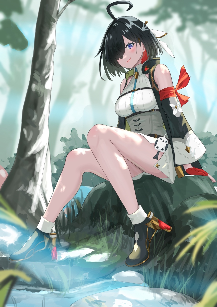 1girl absurdres ahoge atelier_(series) atelier_yumia between_breasts black_hair blurry blurry_background blush breasts closed_mouth commentary_request detached_sleeves full_body hair_over_one_eye high_heels highres large_breasts legs looking_at_viewer mole mole_under_eye multicolored_hair on_rock parted_bangs pink_lips purple_eyes red_hair short_hair sitting smile solo strap_between_breasts streaked_hair stuffed_animal stuffed_bird stuffed_toy tarutaru193 tree two-tone_hair yumia_liessfeldt