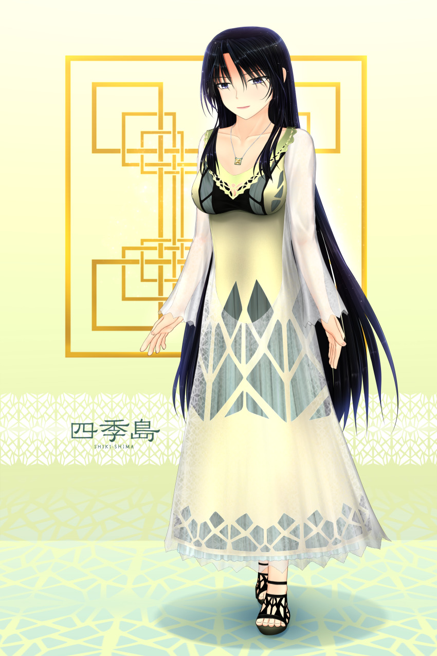 1girl absurdres black_footwear black_hair collarbone dress east_japan_railway_company english_text highres japan_railways jewelry japanese_text logo long_hair necklace personification purple_eyes rene_(e311) solo toeless_footwear train train_suite_shiki-shima