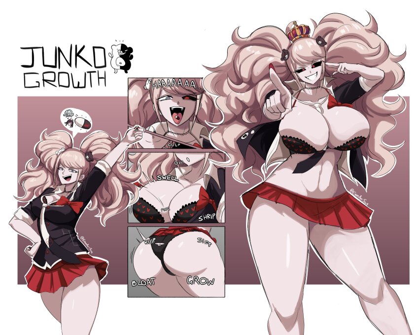 1girl absurdres ass ass_expansion bear_hair_ornament black_sclera bow bra breast_expansion breasts bursting_breasts cleavage colored_sclera crown curvy danganronpa_(series) enoshima_junko female_focus grey_eyes growth gus_(emmarrgus) hair_ornament heart height_difference height_growth highres huge_breasts kimura_seiko large_breasts long_hair looking_at_viewer nail_polish navel necktie pink_hair pointing red_eyes solo tall_female thick_thighs thighs tongue tongue_out torn_clothes tsumiki_mikan twintails underwear