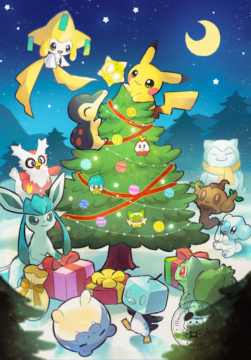 absurdres bulbasaur christmas christmas_ornaments christmas_tree commentary cubchoo cyndaquil delibird eiscue eiscue_(ice) english_commentary fuecoco gen_1_pokemon gen_2_pokemon gen_3_pokemon gen_4_pokemon gen_5_pokemon gen_6_pokemon gen_7_pokemon gen_8_pokemon gift glaceon highres jirachi legendary_pokemon minior minior_(core) moon mythical_pokemon night nintendo no_humans outdoors phantump pikachu pokemon pokemon_(creature) quaxly scarf sidelocks sitting smile snorlax snow spheal sprigatito star_(symbol) toneko tree