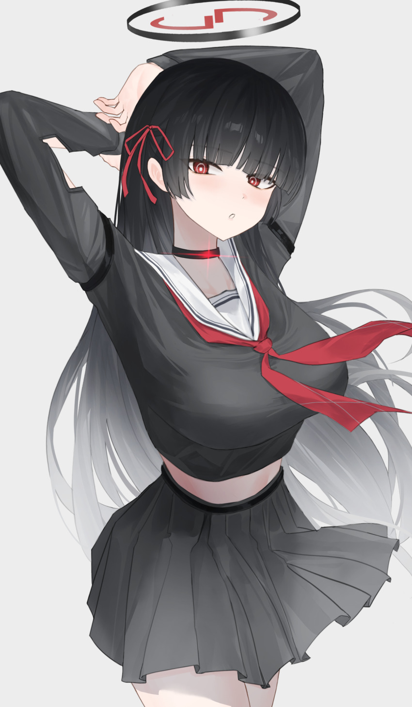 1girl absurdres arms_behind_head arms_up black_hair black_skirt blue_archive blunt_bangs blush breasts chisa_(wuthering_waves) chisa_(wuthering_waves)_(cosplay) commentary cosplay english_commentary froha11037 halo highres hime_cut large_breasts long_hair looking_at_viewer midriff parted_lips pleated_skirt red_eyes ringed_eyes rio_(blue_archive) school_uniform serafuku simple_background skirt solo white_background wuthering_waves