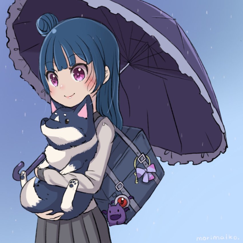 1girl animal anko_(love_live!) artist_name bag bag_charm blue_background blue_bow blue_hair blush bow charm_(object) commentary_request dog female_focus hair_bun highres holding holding_animal holding_dog holding_umbrella long_hair long_sleeves love_live! love_live!_sunshine!! morimaiko pleated_skirt purple_eyes rain school_bag school_uniform side_bun single_side_bun skirt smile solo tsushima_yoshiko umbrella uranohoshi_school_uniform