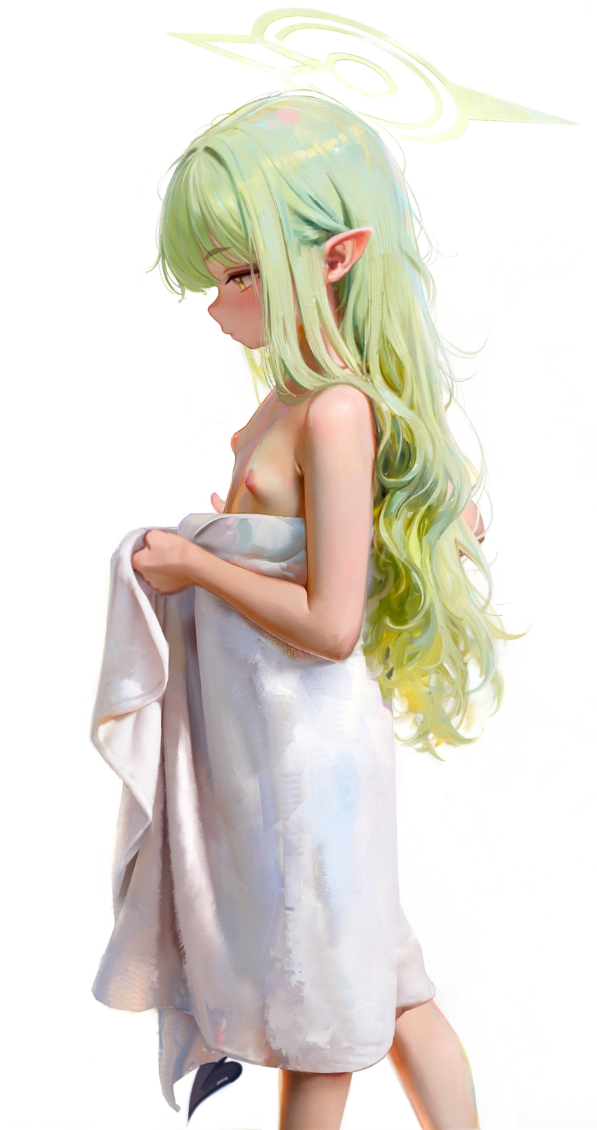 1girl absurdres blue_archive breasts demon_tail green_hair green_halo halo highres hikari_(blue_archive) loli long_hair naked_towel nipples pointy_ears simple_background small_breasts standing sweetonedollar tail towel white_background yellow_eyes