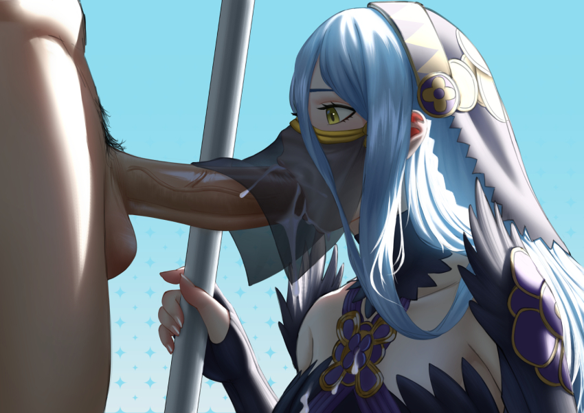 1boy 1girl azura_(fire_emblem) azura_(lady_of_ballads)_(fire_emblem) blue_hair breasts covered_mouth cum cum_in_mouth erection fellatio fellatio_under_mask fingerless_gloves fire_emblem fire_emblem_fates gloves headdress hetero jornyhail male_pubic_hair mask mouth_mask mouth_veil nintendo official_alternate_costume open_mouth oral penis profile pubic_hair staff uncensored veil veins veiny_penis yellow_eyes