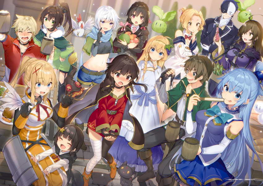 &gt;_&lt; 3boys :d :p ahoge alcohol aqua_(konosuba) armor bandaged_leg bandages beer beer_mug belt bird black_cape black_gloves black_hair black_panties black_shirt black_skirt black_suit black_thighhighs blonde_hair blue_eyes blue_hair blue_scarf blue_shorts blush bob_cut boots box braid bread breasts brown_belt brown_eyes brown_footwear brown_hair cabbage cape chicken chomusuke chris_(konosuba) closed_eyes clothes_theft crop_top cup darkness_(konosuba) dress dress_tug drink drunk dust_(konosuba) dutch_angle elbow_gloves embarrassed eris_(konosuba) everyone excited feathers fingerless_gloves flat_chest flying folding_fan food food-themed_hair_ornament formal_clothes fruit fur_trim furrowed_brow garter_straps gloves grape_hair_ornament green_cape green_dress green_eyes hair_ornament hair_over_one_eye hair_up hand_fan hand_on_own_cheek hand_on_own_chin hand_on_own_face hands_on_own_hips hat highres holding holding_unworn_clothes holding_cup holding_drink holding_fan holding_food holding_fruit holding_panties holding_underwear holding_unworn_clothes iris_(konosuba) jacket komekko kono_subarashii_sekai_ni_shukufuku_wo! lean_(konosuba) long_dress long_hair looking_ahead looking_at_another looking_at_viewer luna_(konosuba) mask medium_breasts megumin melon midriff mishima_kurone mug multiple_boys multiple_girls off_shoulder official_art open_mouth panties pants plate ponytail potion purple_dress purple_eyes raised_eyebrows red_dress red_eyes red_jacket red_ribbon ribbon salad satou_kazuma scarf shirt short_dress short_hair shorts siblings side-tie_panties sidelocks single_braid single_thighhigh sisters skirt small_breasts smile star_(symbol) star_hair_ornament suit suit_jacket table theft thighhighs tongue tongue_out underwear underwear_theft unworn_hat unworn_headwear vanir white_armor white_gloves white_hair white_shirt witch_hat wiz_(konosuba) x_hair_ornament yellow_dress yunyun_(konosuba)