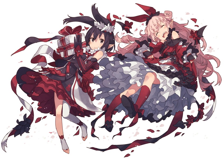 2girls :d alternate_costume asymmetrical_legwear bare_shoulders black_eyes black_gloves black_hair blush bow closed_mouth commentary_request dress elbow_gloves facing_viewer flower frilled_dress frills gift gloves hair_between_eyes hair_bow hair_ornament long_hair looking_at_viewer mano_(narumi_arata) md5_mismatch mismatched_legwear multiple_girls narumi_arata open_mouth original petals pink_hair pointy_ears recri_(narumi_arata) red_bow red_legwear resolution_mismatch short_hair simple_background single_sock single_thighhigh smile socks source_larger thighhighs toeless_legwear topknot white_background white_legwear