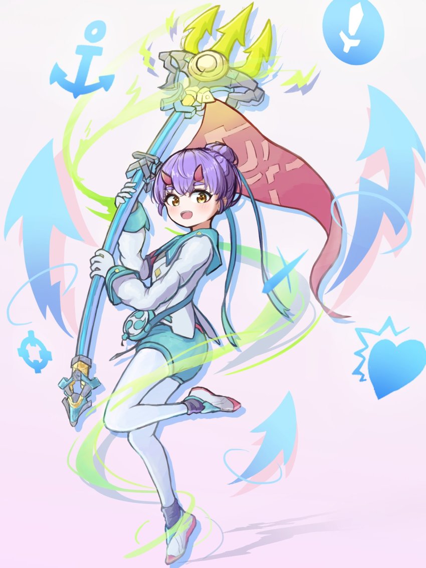 1girl black_undershirt fiona_(xenoblade) flag fugakutkt highres holding holding_flag holding_polearm holding_weapon horns lance mitsudomoe_(shape) pantyhose polearm shorts solo tomoe_(symbol) weapon white_pantyhose xenoblade_chronicles_(series) xenoblade_chronicles_3 yellow_pupils