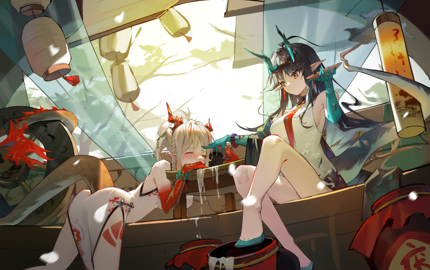 2girls absurdres alcohol arknights barefoot black_hair chinese_clothes closed_eyes cup curtains drunk dusk_(arknights) highres horns lantern moon_(jiangxiang_ai_chizhaji) multiple_girls nian_(arknights) nian_(unfettered_freedom)_(arknights) red_eyes sakazuki sake sitting tail white_hair