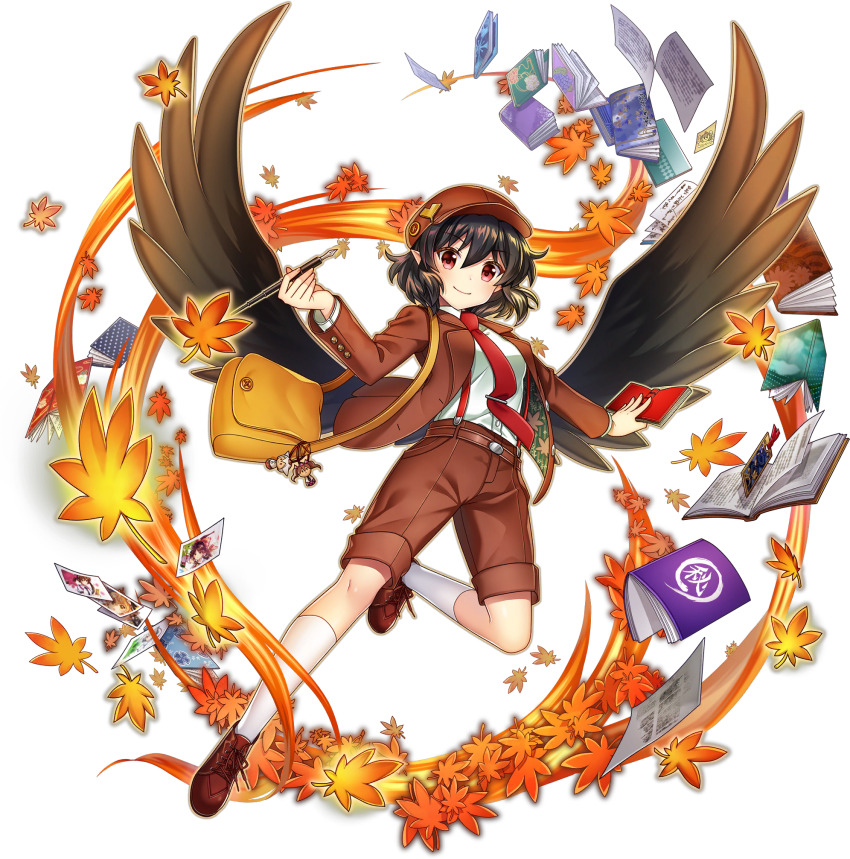 1girl autumn_leaves bag belt bird_wings book bookmark brown_bag brown_belt brown_hair brown_hat brown_jacket brown_shoes brown_shorts brown_wings cabbie_hat character_doll closed_mouth collared_shirt feathered_wings flat_cap game_cg hakurei_reimu happy hat highres himekaidou_hatate holding holding_notebook holding_pen inubashiri_momiji jacket kirisame_marisa kneehighs leaf long_sleeves looking_at_viewer maple_leaf medium_hair messenger_bag necktie nib_pen_(object) notebook official_art open_clothes open_jacket paper pen photo_(object) pointy_ears red_eyes red_necktie rotte_(1109) shameimaru_aya shameimaru_aya_(newsboy) shirt shoes shorts shoulder_bag smile socks solo suit_jacket suspenders third-party_source tie_clip touhou touhou_lostword transparent_background white_shirt white_socks wings