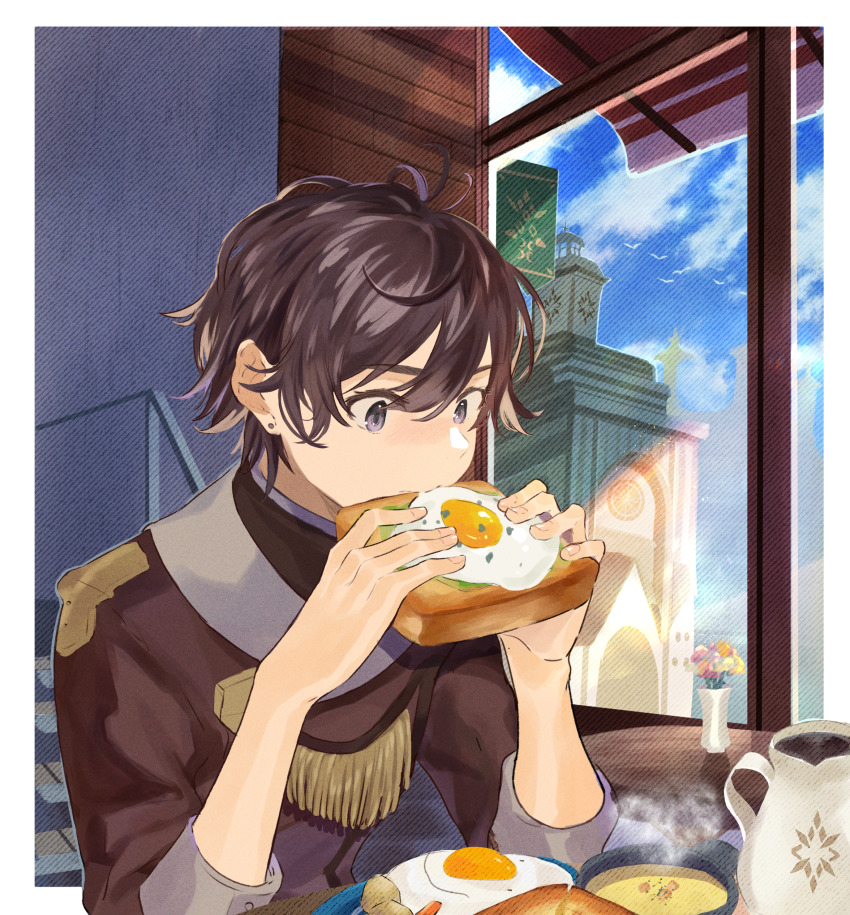 1boy absurdres bird black_eyes black_hair breakfast building coffee eating egg_(food) flower food fried_egg fried_egg_on_toast highres huge_filesize original short_hair solo sonica soup sunny_side_up_egg toast vase