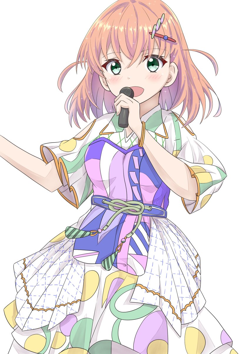1girl :d absurdres aqua_eyes blue_dress blush collared_dress commentary crossed_bangs dress frilled_dress frills genyo_yako hair_ornament hairclip highres hinoshita_kaho ikuto_(nanami_ice) layered_dress link!_like!_love_live! looking_at_viewer love_live! medium_dress medium_hair multicolored_dress official_alternate_costume open_mouth orange_hair purple_dress short_sleeves simple_background smile solo two_side_up virtual_youtuber white_background white_dress