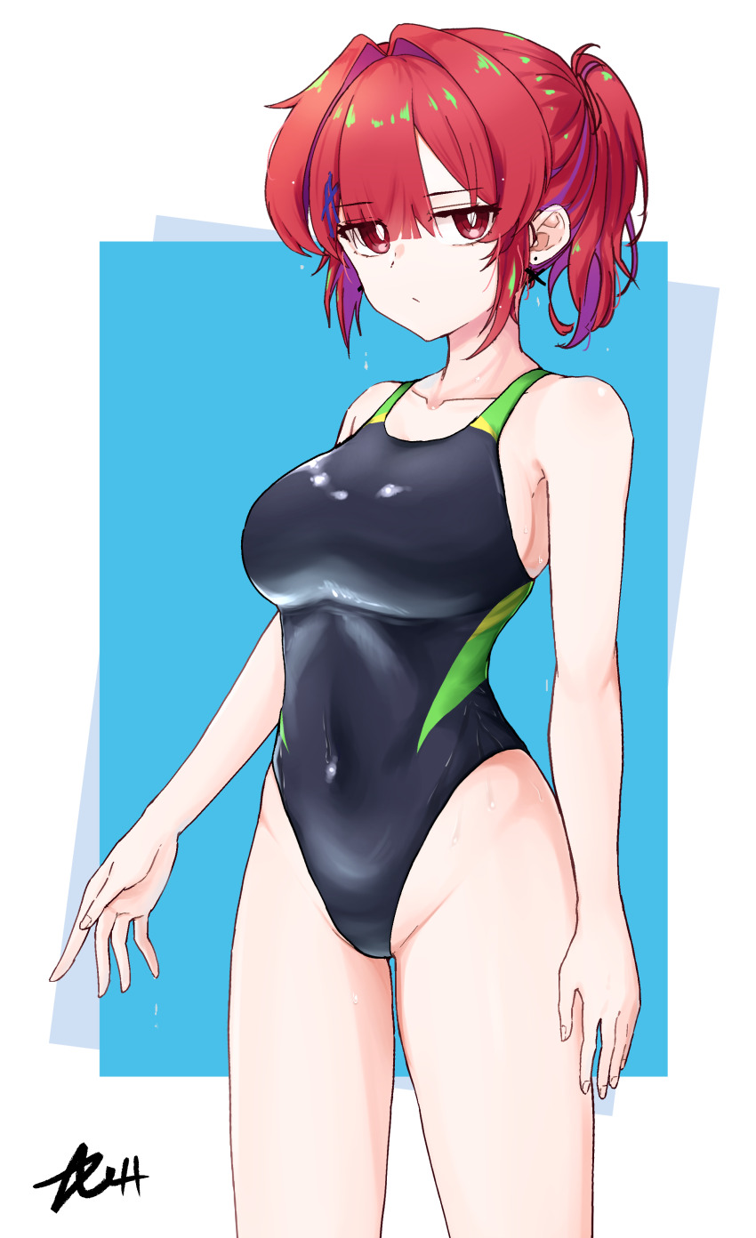 1girl absurdres akasha_(v0id_saga) black_one-piece_swimsuit blue_background breasts commentary_request commission competition_swimsuit covered_navel highres medium_breasts medium_hair one-piece_swimsuit original ponytail red_eyes red_hair signature skeb_commission solo swimsuit two-tone_swimsuit