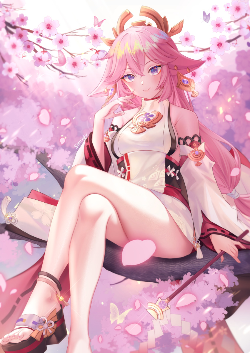 1girl animal_ears bare_legs bare_shoulders blush breasts cherry_blossoms closed_mouth crossed_bangs detached_sleeves earrings falling_petals floppy_ears flower foot_out_of_frame fox_ears genshin_impact gohei hand_up highres holding holding_gohei in_tree japanese_clothes jewelry long_hair long_sleeves low-tied_long_hair medium_breasts nontraditional_miko okobo petal_censor petals pink_flower pink_hair platform_sandals purple_eyes ribbon_trim sandals shiiyou sidelocks sitting sitting_in_tree sleeveless sleeveless_turtleneck smile solo thighs toes tree turtleneck wide_sleeves yae_miko