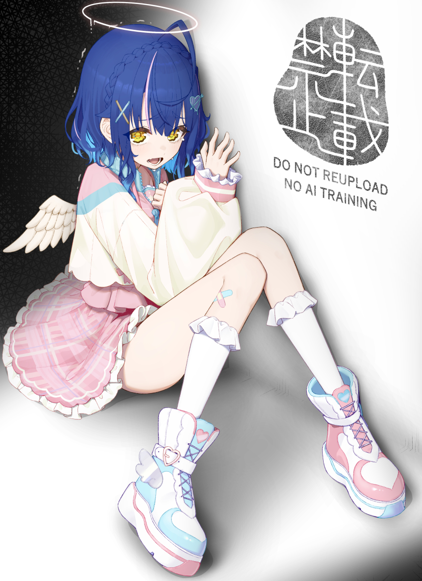 1girl absurdres ahoge amamiya_kokoro amamiya_kokoro_(4th_costume) blue_hair braid frilled_skirt frilled_socks frills halo highres lunch_boxer mini_wings nijisanji open_mouth platform_shoes scared sitting skirt socks solo tearing_up virtual_youtuber wings yellow_eyes