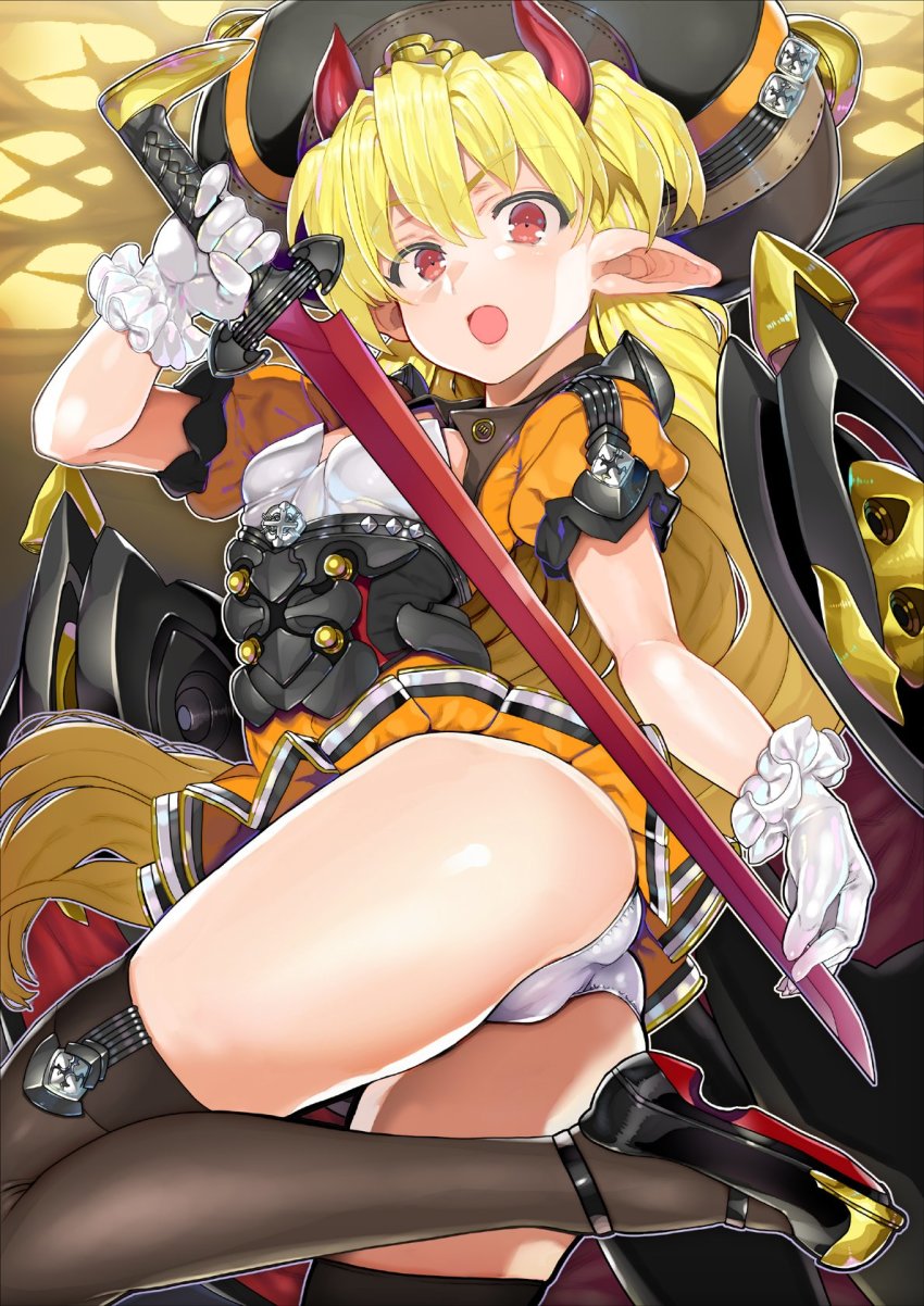 1girl ass black_hat black_shoes black_thighhighs blonde_hair breasts char cleavage_cutout clothing_cutout commentary demon_horns dress gloves grey_panties hat highres holding holding_sword holding_weapon horns large_hat leg_up long_hair orange_dress original panties pleated_dress pointy_ears red_eyes red_horns rigging shoes short_dress short_sleeves skindentation small_breasts solo standing standing_on_one_leg sword thighhighs underwear very_long_hair weapon white_gloves