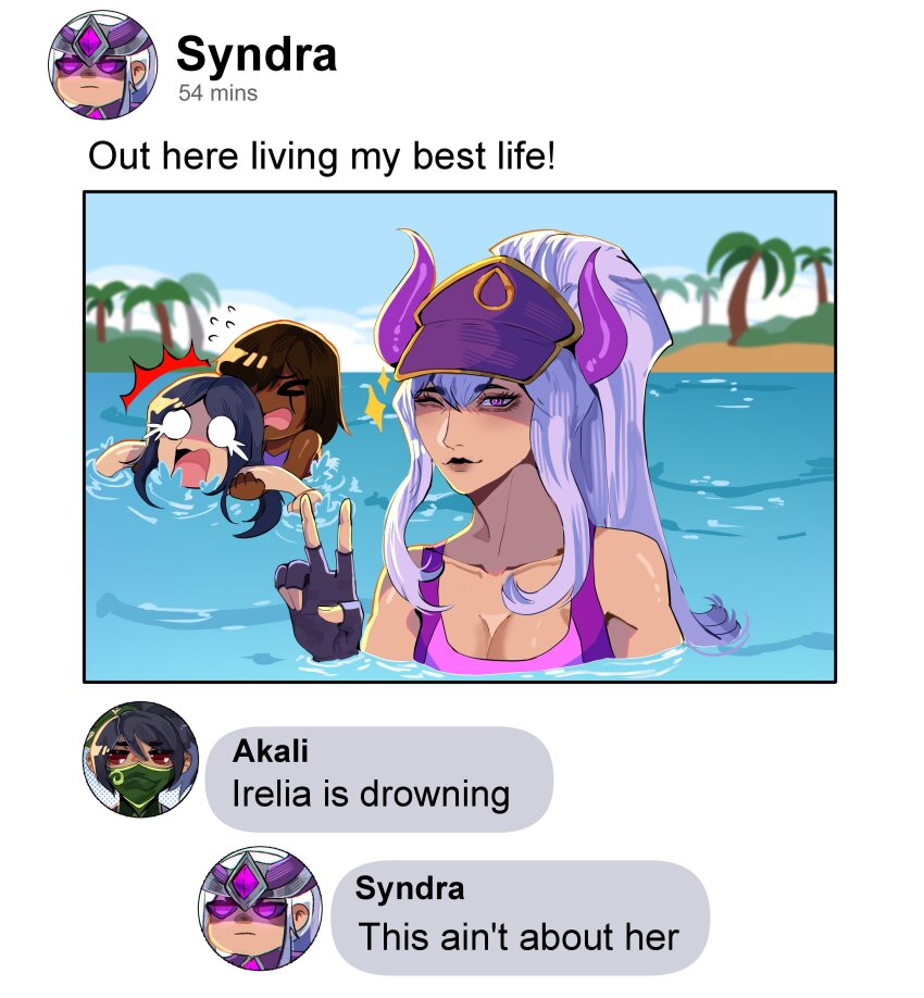 3girls ;) absurdres akali bare_shoulders black_gloves breasts collarbone d: english_text fingerless_gloves gloves hat highres horns irelia large_breasts league_of_legends long_hair looking_at_viewer multiple_girls one_eye_closed open_mouth outdoors palm_tree ponytail purple_hat shiny_skin smile strawbeary_(synthwolf) syndra taliyah tree water