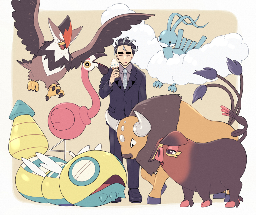 1boy altaria batabiru bird black_footwear black_hair black_pants black_suit blue_necktie closed_eyes collared_shirt commentary_request dudunsparce dudunsparce_(two-segment) film_grain flamigo food formal_clothes full_body gen_1_pokemon gen_2_pokemon gen_3_pokemon gen_4_pokemon grey_hair grey_shirt highres holding holding_food holding_ice_cream ice_cream jacket larry_(pokemon) licking_lips long_sleeves male_focus multicolored_hair necktie nintendo oinkologne oinkologne_(female) pants pokemon pokemon_(creature) pokemon_sv shirt short_hair standing staraptor streaked_hair suit suit_jacket tauros thick_eyebrows tongue tongue_out two-tone_hair