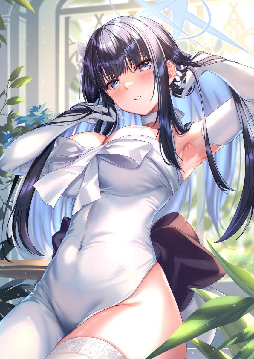 1girl armpits arms_up black_hair blue_archive blue_halo breasts choker colored_inner_hair covered_navel dress elbow_gloves evening_gown gloves halo hand_in_own_hair highres large_breasts ldfe_mk2 long_hair looking_at_viewer multicolored_hair official_alternate_costume saori_(blue_archive) saori_(dress)_(blue_archive) side_slit solo strapless strapless_dress white_choker white_dress white_gloves