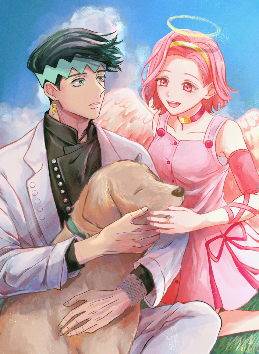 1boy 1girl absurdres angel_wings animal arm_warmers arnold_(jojo) blue_sky choker cloud cloudy_sky commentary_request diamond_wa_kudakenai dog dress earrings feathered_wings grass green_hair green_headband green_shirt hairband halo headband highres holding holding_animal holding_dog jacket jewelry jojo_no_kimyou_na_bouken kishibe_rohan kishibe_rohan_wa_ugokanai long_sleeves looking_at_animal looking_at_another open_clothes open_jacket outdoors parted_lips pink_arm_warmers pink_choker pink_dress pink_eyes pink_hair remiii_888 ring shirt short_hair sitting sky smile sugimoto_reimi white_jacket white_wings wide-eyed wings yellow_hairband