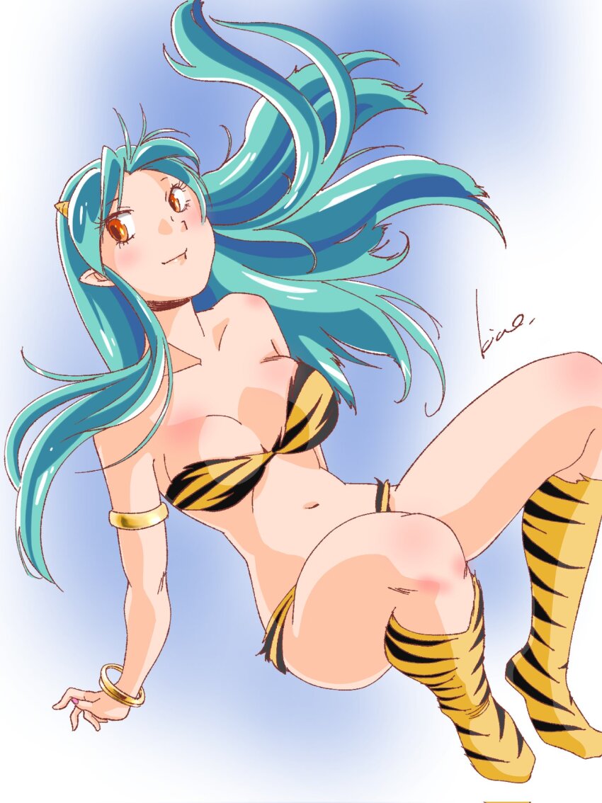 1girl animal_print aqua_hair armlet bikini boots bracelet breasts collarbone cone_horns corrupted_twitter_file floating highres horns jewelry kico_factory knee_boots long_hair looking_at_viewer lum navel orange_eyes pointy_ears print_bikini print_boots signature solo swimsuit tiger_print urusei_yatsura
