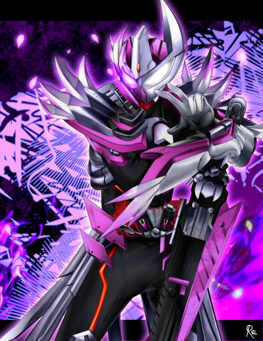 1boy absurdres armor asymmetrical_armor belt bolt_(hardware) fire gloves glowing glowing_eye glowing_smoke helmet highres holding holding_sword holding_weapon kamen_rider kamen_rider_gotchard_(series) kamen_rider_valvarad male_focus pink_fire planted planted_sword planted_weapon power_armor purple_fire reiei_8 reverse_grip rider_belt shoulder_spikes solo spikes sword tokusatsu valvaradriver valvarusher weapon white_gloves