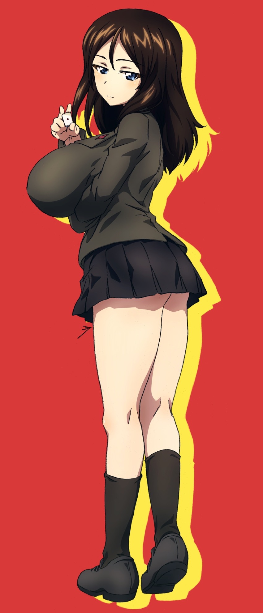 1girl absurdres ass black_hair blue_eyes blush breasts closed_mouth erakin full_body girls_und_panzer highres large_breasts long_hair looking_at_viewer microskirt military_uniform nonna_(girls_und_panzer) pravda_military_uniform red_background simple_background skirt solo