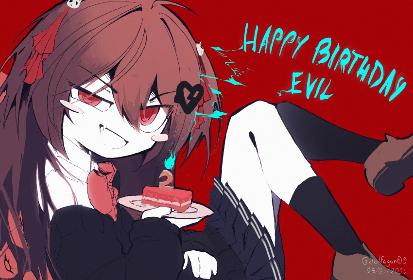 1girl :d ahoge birthday birthday_cake black_cardigan black_skirt black_socks blue_fire blush_stickers bow bowtie broken_heart_hair_ornament brown_hair brown_shoes cake cake_slice candle cardigan character_name collared_shirt colored_skin commentary dalfagan dated english_commentary english_text evil_neuro-sama fang fire food from_side hair_between_eyes hair_ornament hair_ribbon hairclip half-closed_eye happy_birthday highres holding holding_plate indie_virtual_youtuber loafers long_hair long_sleeves looking_at_viewer looking_to_the_side neuro-sama off_shoulder open_mouth plate pleated_skirt reclining red_background red_bow red_bowtie red_eyes red_ribbon ribbon shirt shoes simple_background sitting skin_fang skirt skull_hair_ornament smile socks solo twitter_username two_side_up virtual_youtuber white_shirt white_skin