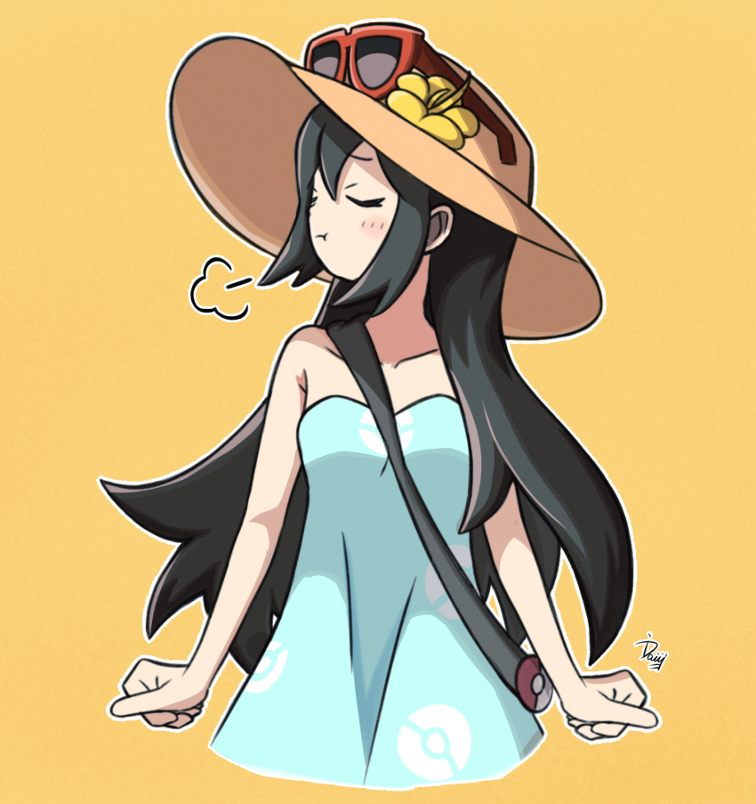 1girl blue_dress closed_eyes closed_mouth dress eyewear_on_headwear flower hair_between_eyes hair_over_shoulder hat hat_flower highres ida_(idalol490) long_hair nintendo pokemon pokemon_sm pout puff_of_air sightseer_(pokemon) single_bare_shoulder sleeveless sleeveless_dress solo strapless strapless_dress sun_hat sundress tsundere upper_body yellow_background