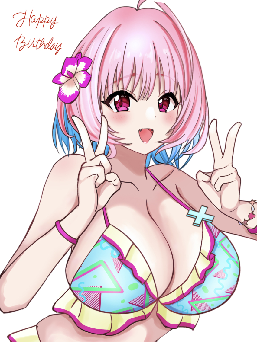 1girl absurdres advan_gt ahoge aqua_bikini bare_shoulders bikini blue_hair blush bracelet breasts collarbone colored_inner_hair double_v fanged_bangs fangs flower frilled_bikini frills hair_flower hair_ornament happy_birthday hibiscus highres huge_breasts idolmaster idolmaster_cinderella_girls idolmaster_cinderella_girls_starlight_stage jewelry looking_at_viewer medium_hair multicolored_hair open_mouth pink_eyes pink_flower pink_hair pink_lips simple_background smile solo swimsuit triangle_print two-tone_hair v white_background wristband yumemi_riamu