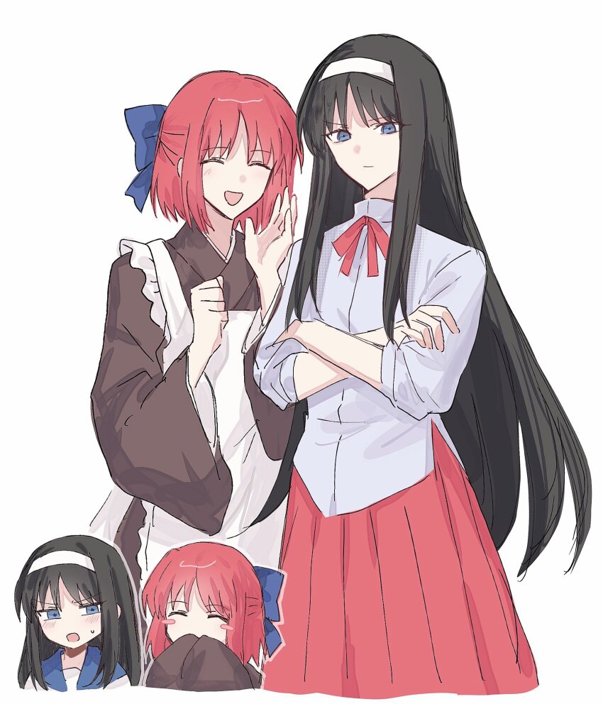 2girls apron black_hair blue_bow blue_eyes blue_sailor_collar blush_stickers bow brown_kimono chibi closed_eyes crossed_arms hair_bow hairband half_updo height_difference highres japanese_clothes kimono kohaku_(tsukihime) looking_at_another looking_at_viewer maid maid_apron multiple_girls nekwnek red_hair red_skirt sailor_collar school_uniform shirt simple_background skirt sleeves_past_fingers sleeves_past_wrists sweatdrop tohno_akiha tsukihime wa_maid white_apron white_background white_hairband white_shirt wide_sleeves