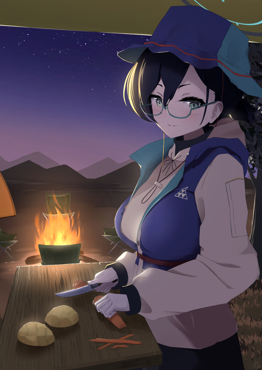 1girl absurdres black_hair blue_archive campfire carrot chihiro_(blue_archive) chihiro_(camp)_(blue_archive) chopping ganba_artworks green_eyes green_hat hair_between_eyes hat highres holding holding_knife jacket knife looking_at_viewer official_alternate_costume potato short_hair sidelocks white_jacket