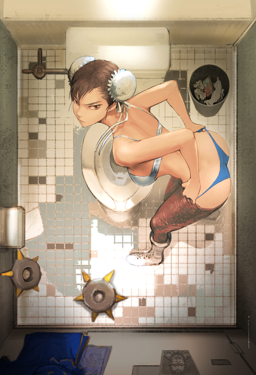 1girl absurdres annoyed ass bad_perspective bathroom bent_over black_eyes black_hair blue_panties boots bra bracelet breasts brown_eyes brown_hair bun_cover capcom chun-li clothes_pull condom double_bun female_focus from_above hair_bun highres jewelry ken_masters looking_at_viewer panties pants panty_pull pantyhose pantyhose_pull photo_(object) rest_room public_restroom sagat short_hair solo spiked_bracelet spikes street_fighter toilet toilet_paper trash_can underwear underwear_only used_condom voyeurism white_boots white_bra woorona