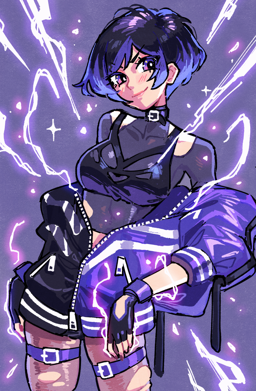 1girl absurdres belt_collar black_hair black_jacket black_sports_bra blush bra_over_clothes breasts collar commentary contrapposto cowboy_shot electricity english_commentary fingerless_gloves gloves highres jacket kaatokun medium_breasts multicolored_hair pantyhose purple_eyes purple_hair purple_jacket reina_(tekken) see-through_clothes see-through_shirt shirt short_hair simple_background solo sports_bra tekken tekken_8 torn_clothes torn_pantyhose torn_shirt underwear