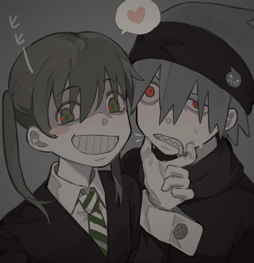 1boy 1girl blush_stickers collared_shirt commentary drooling english_commentary gloves greyscale grin hair_between_eyes hand_on_another&#039;s_chin headband heart highres jacket long_sleeves maka_albarn monochrome mouth_drool necktie red_eyes rice_(somasuki_77) shaded_face shirt short_hair simple_background single_blush_sticker smile soul_eater soul_evans speech_bubble spoken_heart spot_color striped_necktie translated twintails uneven_eyes