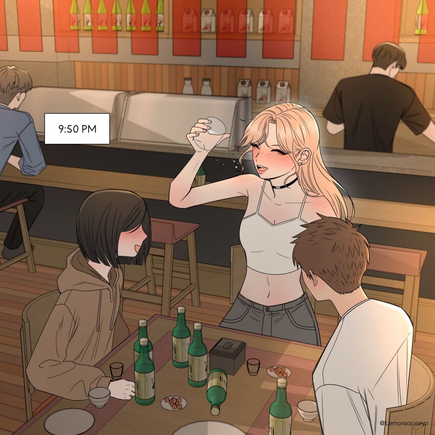 2girls 3boys absurdres alcohol bar_(place) bare_arms black_choker black_shirt blush brown_hair brown_hoodie camisole choker closed_eyes commentary drink drunk earrings english_commentary grey_pants highres holding holding_drink hood hoodie indoors jewelry lemonsoju long_hair multiple_boys multiple_girls open_mouth orange_hair original pants plate shirt short_hair smile soju stool twitter_username white_camisole white_shirt